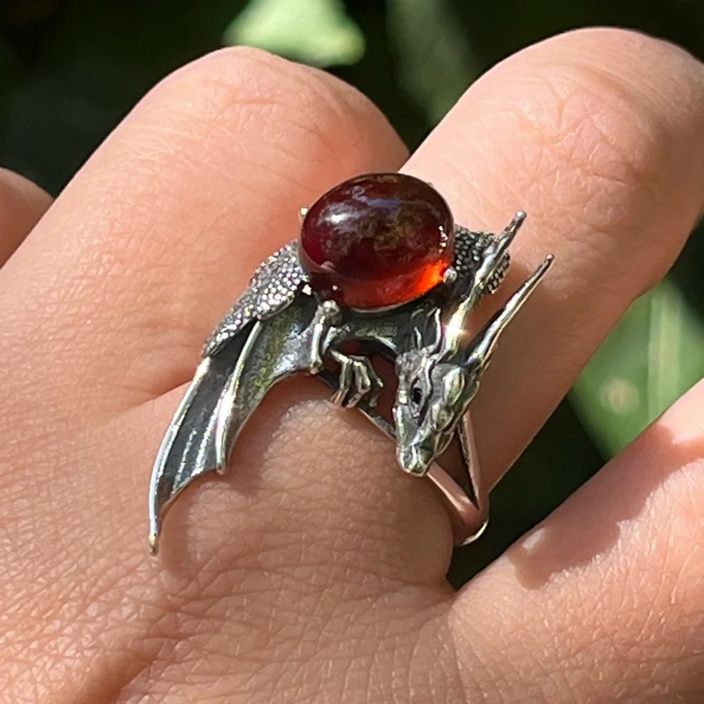 Sterling silver garnet dragon adjustable‎ ring
